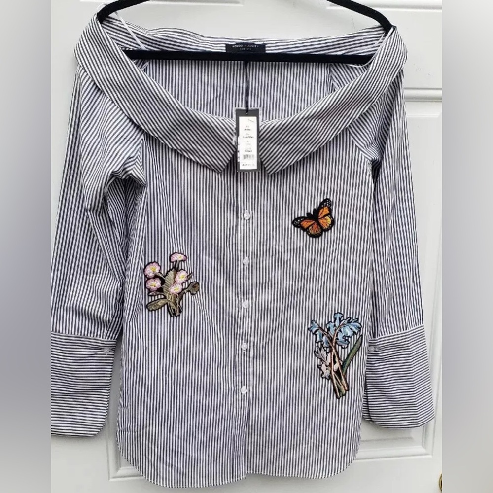 Romeo & Juliet Couture Shirt M Striped Button Down Butterfly Floral Embroidered - Picture 3 of 12